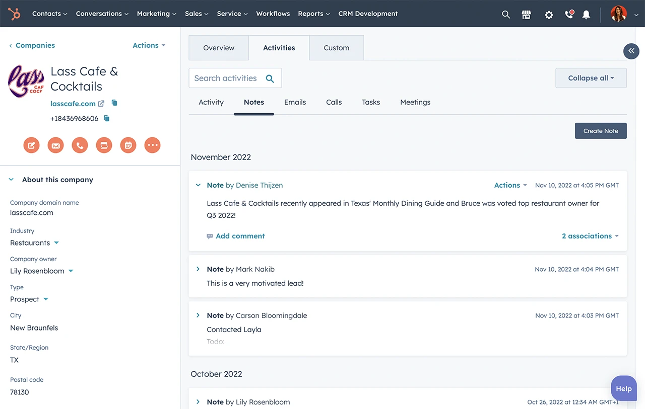 HubSpot contact management software showing notes on contact record